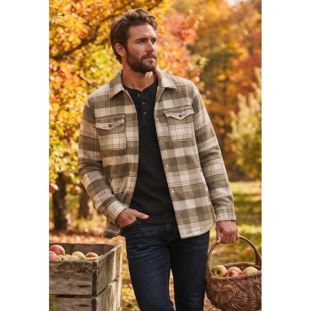 VRST Mens Plaid Fleece Shirt Jacket Olive Green Cream Snap Front XL RN104141